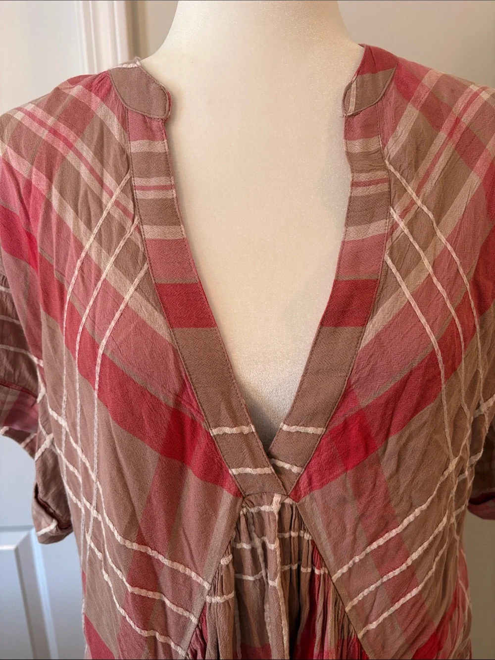 NWT Free People Plaid Split V-Neck MiniDress Ballet Combo w/Pockets Billowy